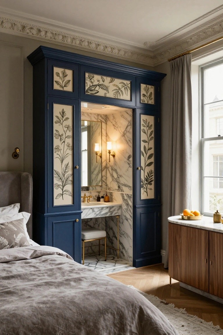 Navy blue wardrobe with white botanical leaf panels opens to a white marble ensuite vanity and sink beside a gray upholstered bed in a bedroom with parquet floors and a window.