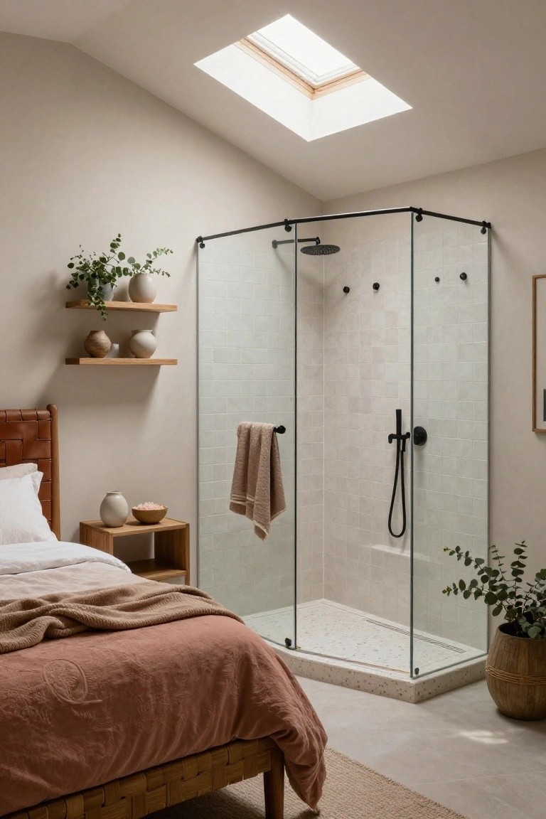 Bedroom with beige bed, wooden side table, and adjacent corner glass shower enclosure with white subway tiles, black rain showerhead, handheld sprayer, hanging towel, floating wooden shelves with ceramics and plants, skylight overhead, and potted eucalyptus on floor.