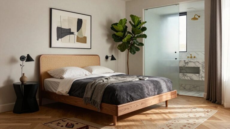 Modern bedroom featuring a low wooden platform bed with rattan headboard and neutral linens, beside a nightstand and large potted fiddle leaf fig plant, with a glass-partitioned ensuite bathroom visible that includes white marble walls, gold showerhead, and vanity sink.