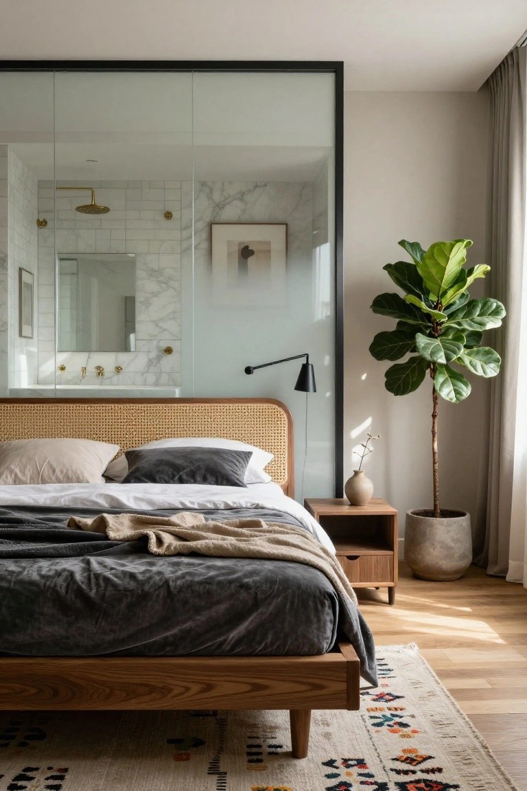 Modern bedroom featuring a low wooden platform bed with rattan headboard and neutral linens, beside a nightstand and large potted fiddle leaf fig plant, with a glass-partitioned ensuite bathroom visible that includes white marble walls, gold showerhead, and vanity sink.