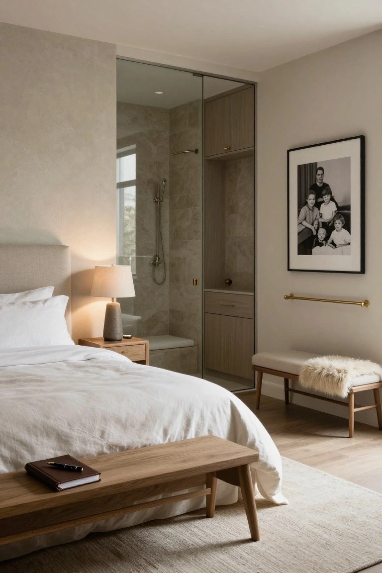 A neutral-toned bedroom with a white bed, oak nightstand and bench, bedside lamp, and adjacent glass-partitioned ensuite bathroom featuring a walk-in shower and wood cabinetry.