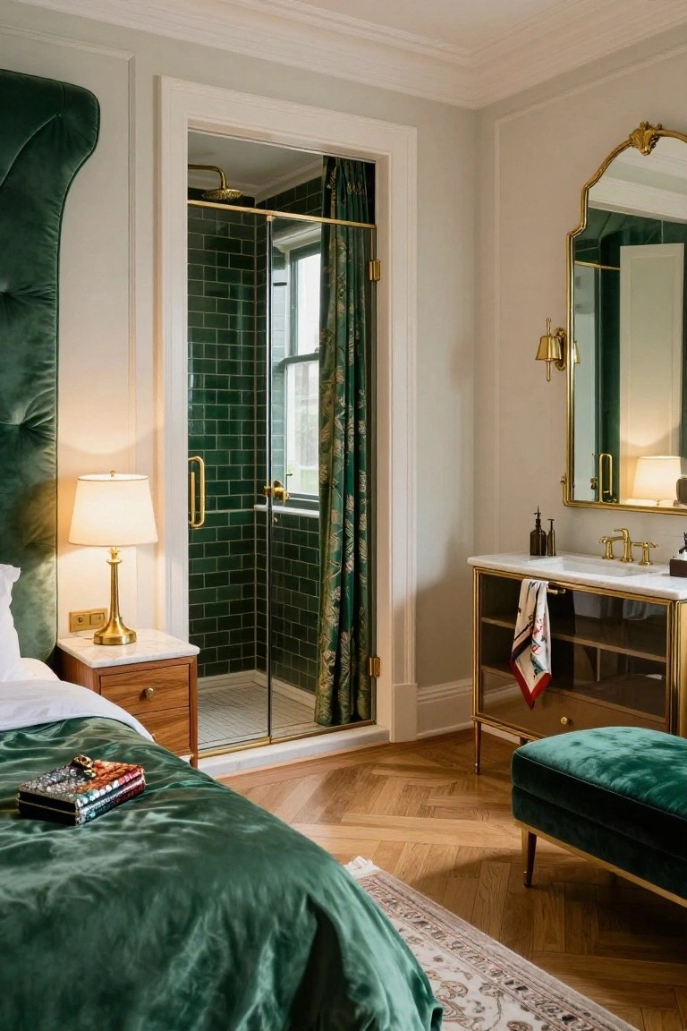 Bedroom with green velvet headboard and bedcovers, wooden nightstand with lamp, gold mirror and vanity, and open glass shower enclosure with green tiles and patterned curtains.