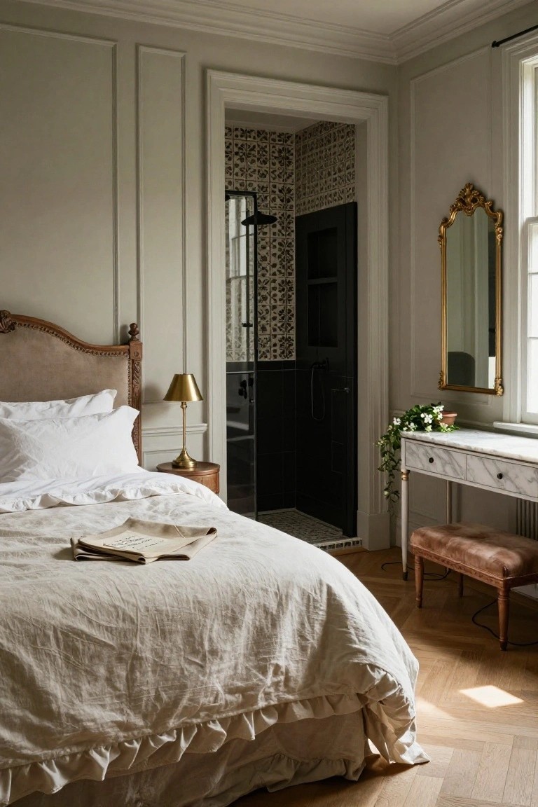 Bedroom interior featuring a beige upholstered bed with white linens, brass lamp on wood nightstand, open matte black door to tiled shower, gold gilt mirror, marble console table with flowers, and parquet wood floors.