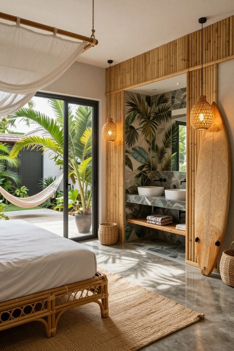 Luxury bedroom interior with white bed on bamboo frame under draped canopy, adjacent open ensuite bathroom enclosed by bamboo panels with tropical wallpaper, double white sinks on stone vanity, surfboard decor, and sliding doors to lush garden patio.