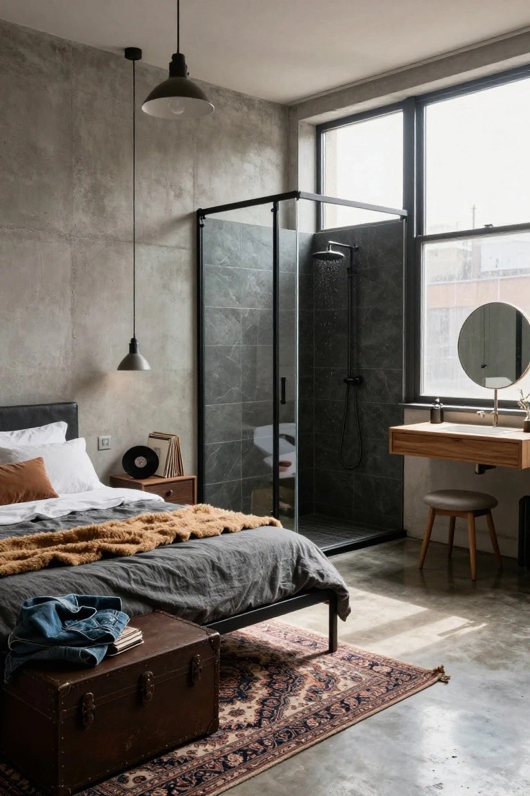 Modern bedroom with exposed concrete walls, a platform bed with gray linens and fur throw, wooden side table, vintage trunk, Persian rug on polished concrete floor, and adjacent glass-enclosed shower with dark tiles, wooden vanity, stool, large windows, and pendant lights.