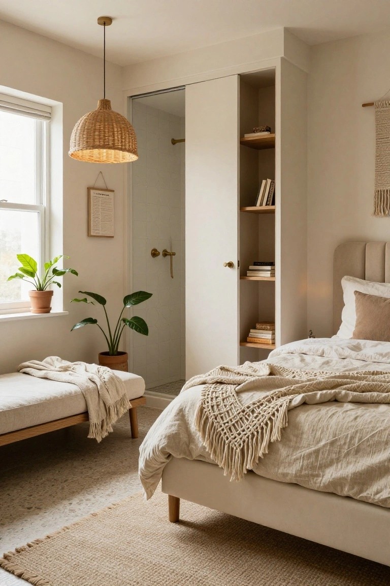 Beige bedroom with tufted bed draped in white linens and macrame throw, wooden daybed, potted plants, open shelving wardrobe with books adjacent to ensuite door, rattan pendant light, and seagrass rug.