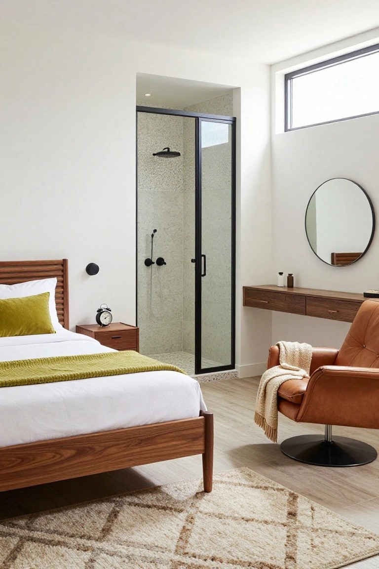 Modern bedroom with wooden platform bed, green pillows and throw, nightstand, round black mirror, floating wood shelf, tan leather swivel chair on light wood floor, and adjacent glass-door walk-in shower with white pebble tiles and black fixtures.