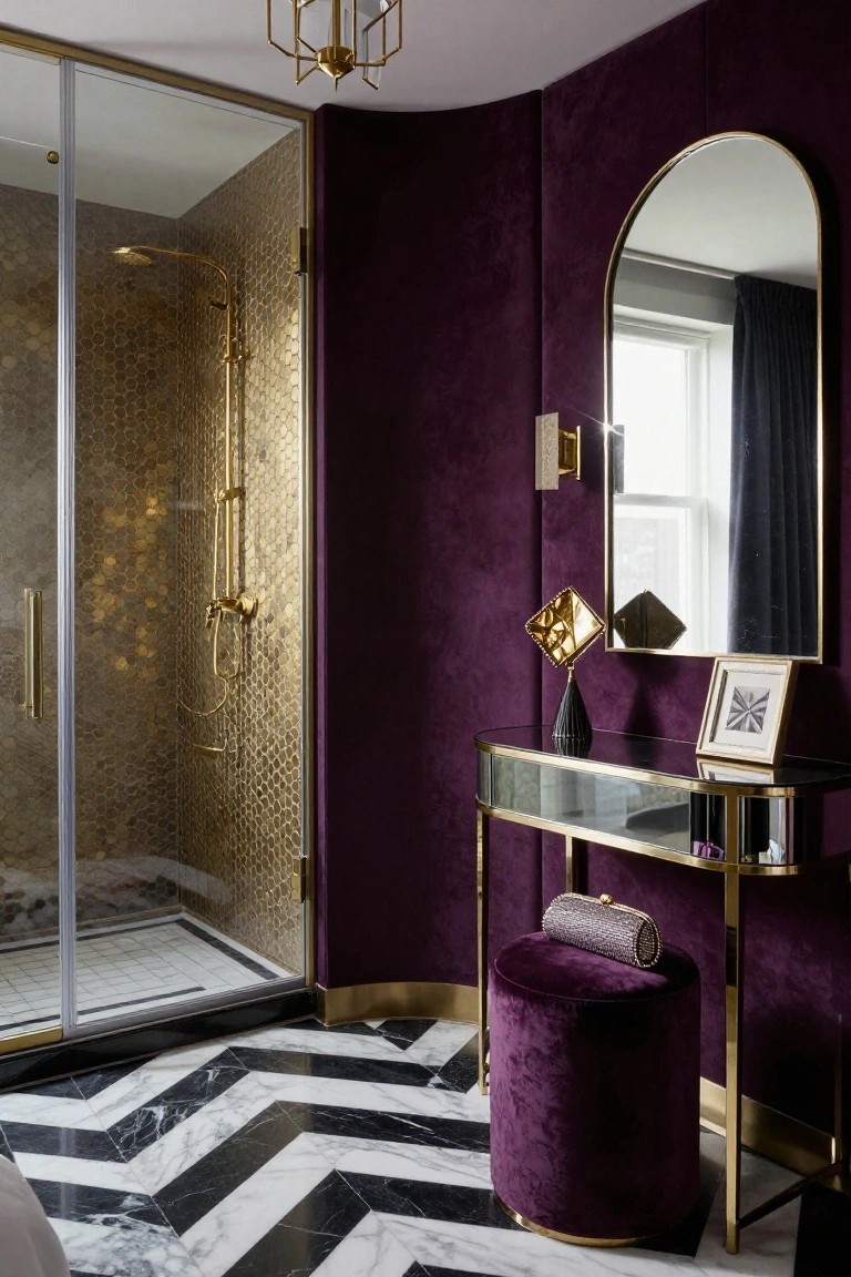 Ensuite bathroom featuring purple velvet walls, gold-framed glass shower enclosure with gold mosaic tiles, arched gold mirror over a gold-framed glass console table, purple velvet stool, and black and white chevron-patterned marble floor.