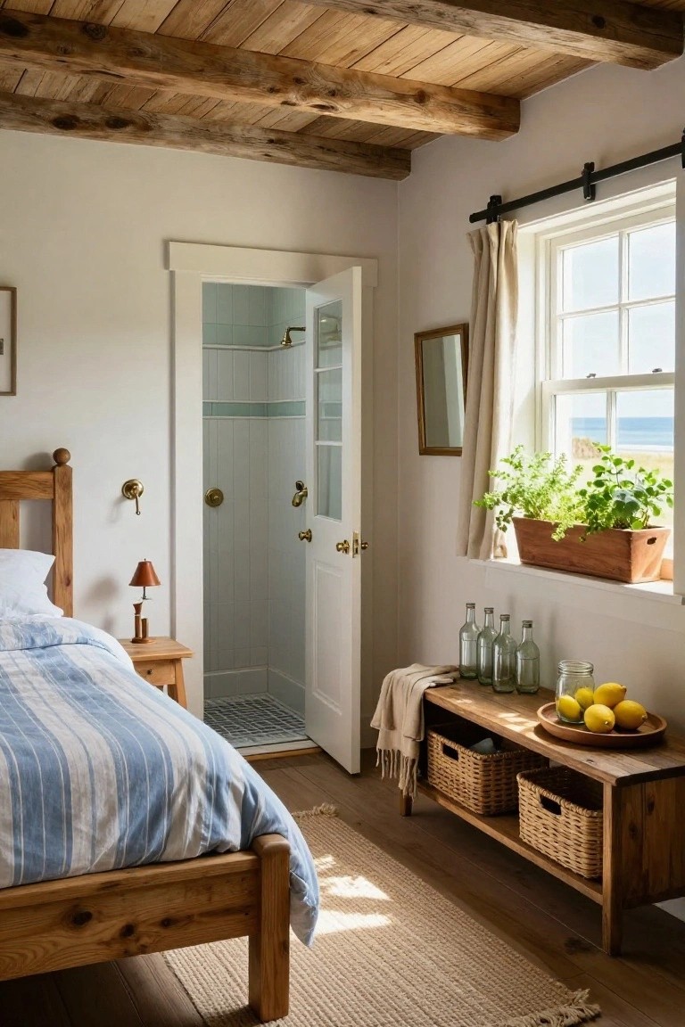 Bedroom featuring exposed wooden beams on the ceiling, a wooden bed with blue striped bedding, open glass door to a white tiled shower, window with sea view and potted herbs, wooden bench with baskets and lemons on a wooden floor.