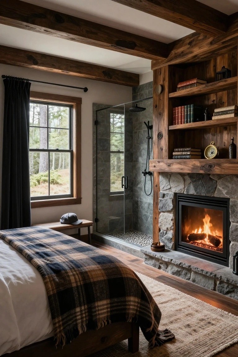 Cozy rustic bedroom with fireplace, plaid bed, and glass shower.