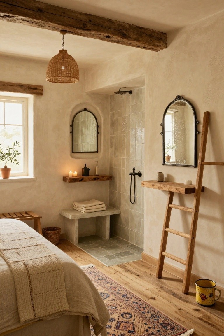 Beige-walled bedroom with exposed wood beam ceiling, rattan pendant light, open tiled shower area, arched black mirror, wooden ladder rack holding white towels, low bench, bed with cream linens, potted olive plant by window, and woven basket on floor.