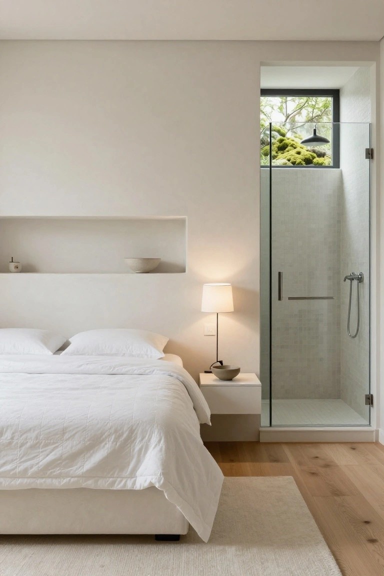 Minimalist bedroom with white platform bed and linens, bedside lamp and table, wall niches, oak wood floors, and adjacent glass shower enclosure with white tiles and window to green foliage.