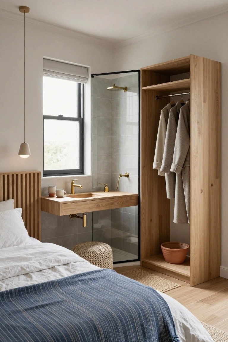 A bedroom with a low wooden slat headboard and white bedding next to a tall oak wardrobe with hanging robes and a plant pot that partially screens a glass shower enclosure and wooden wall-mounted sink.