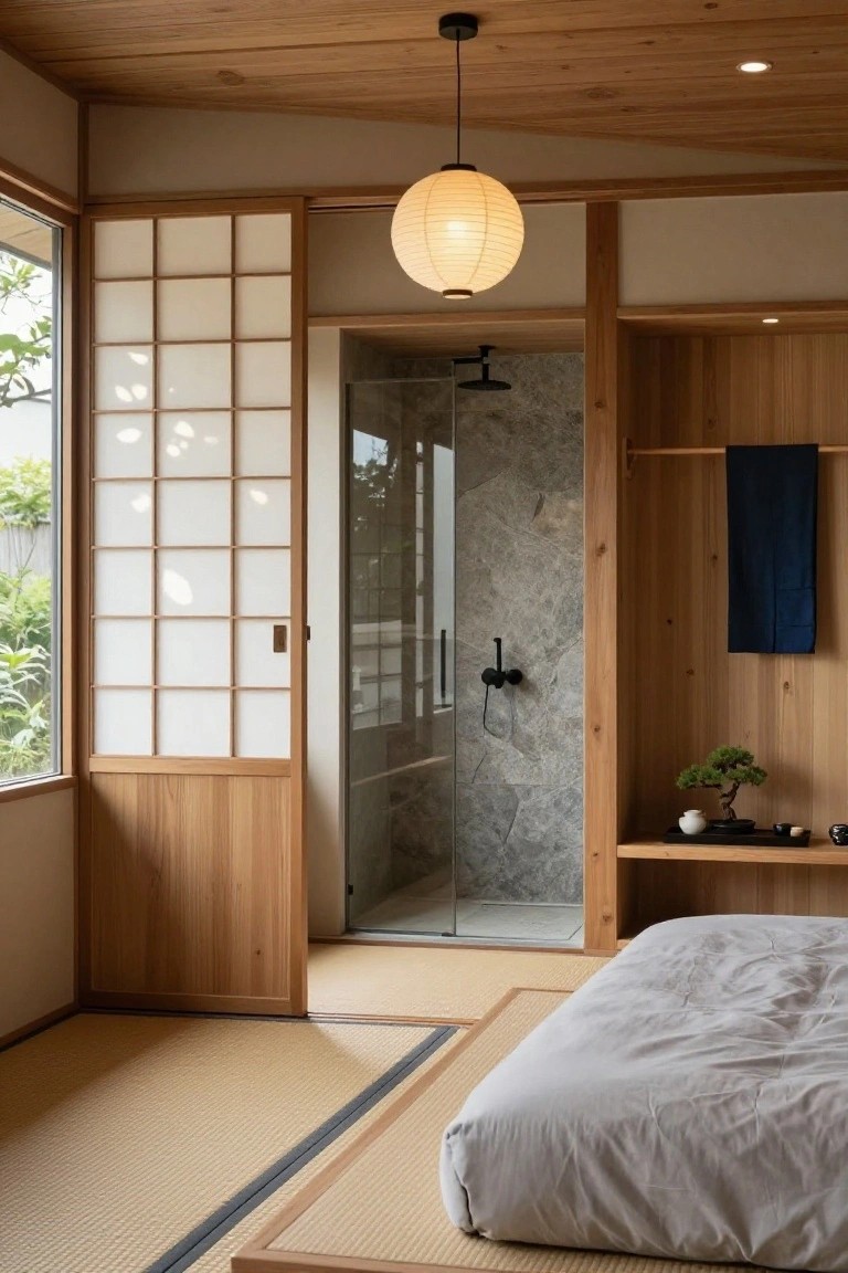 Japanese-style bedroom interior with tatami flooring, low gray futon bed, open shoji screens, glass-enclosed shower with gray stone tiles and black fixtures, wood shelving with bonsai plant, and paper lantern overhead.