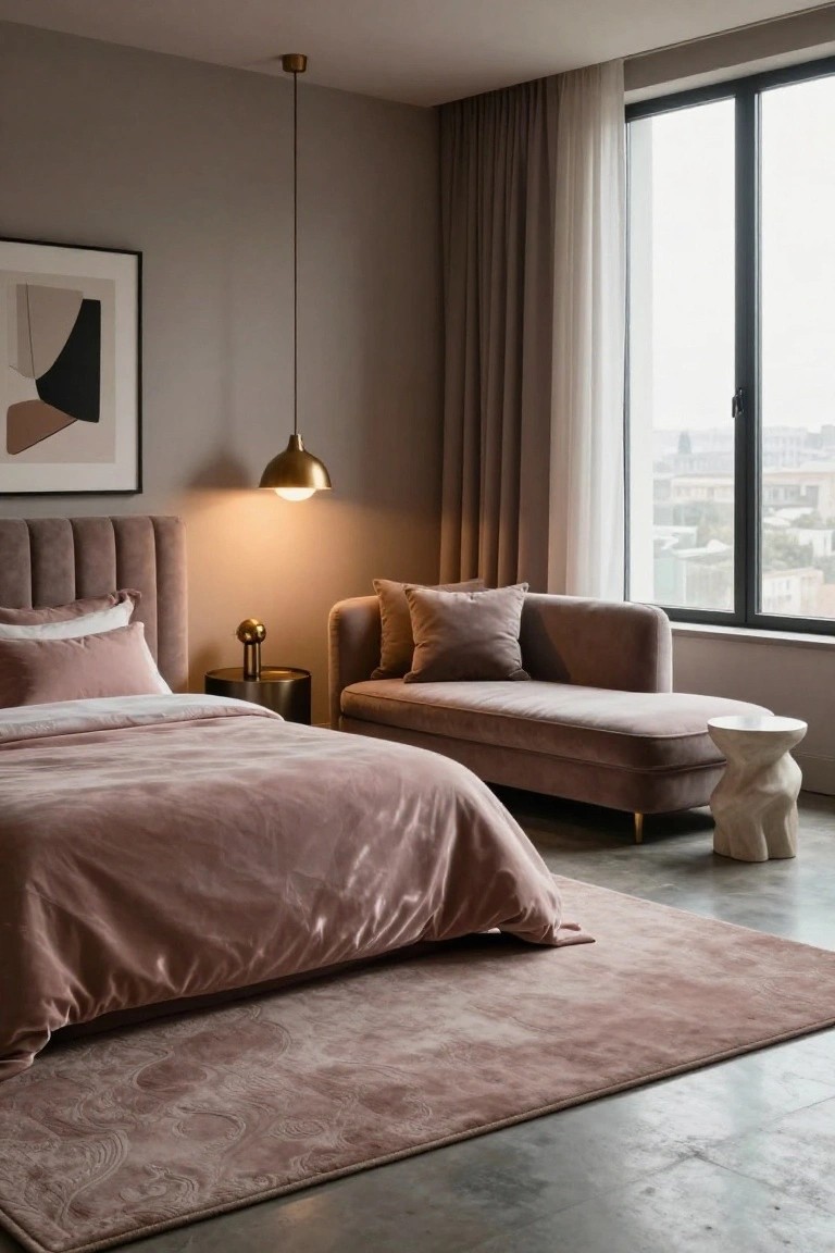 Bedroom interior with blush pink velvet bed, matching chaise lounge, gold pendant lamp, bedside table, abstract wall art, sheer curtains on large windows, and city view outside.