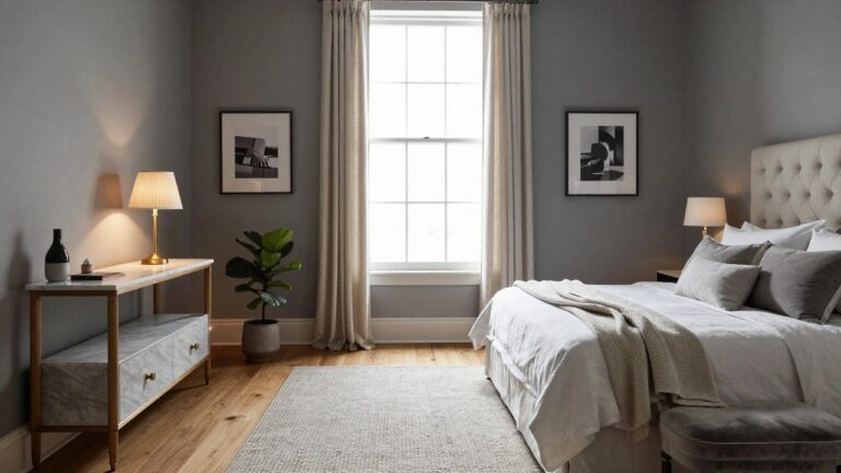 A bedroom with pale gray-beige walls, beige tufted upholstered headboard, white bedding and pillows, marble nightstands with lamps, a fiddle leaf fig plant near beige curtains at a window, light herringbone wood floors, and a beige rug with bench.