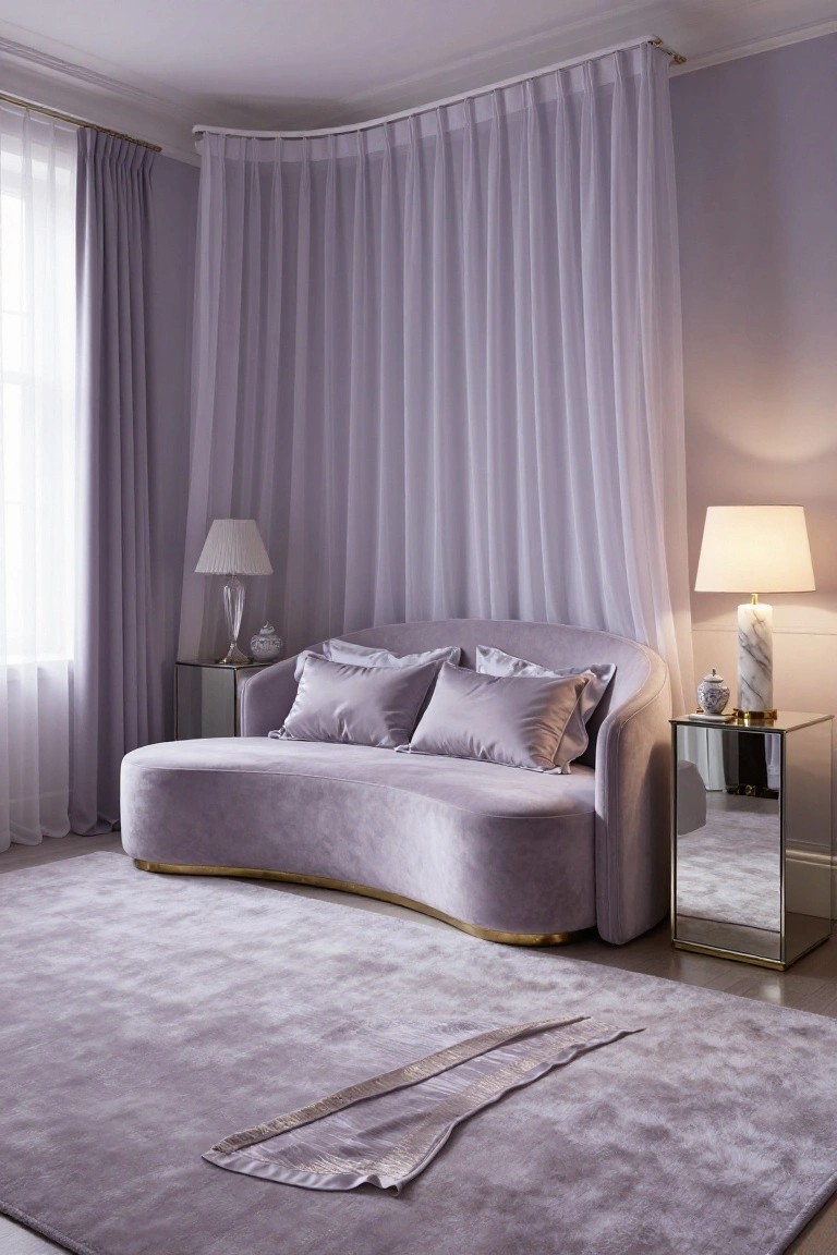 Curved lilac velvet chaise lounge with matching pillows under sheer lavender curtains in a purple-toned bedroom corner, with lamps on mirrored side tables and a pale purple rug on the floor.