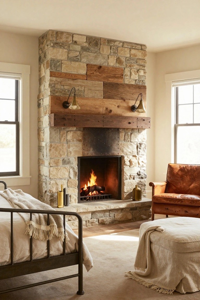 Bedroom with corner stone fireplace featuring wood mantel and brass sconces, black metal bed frame with white bedding and throws, tan leather armchair and ottoman, light carpet, and windows with blinds on beige walls.