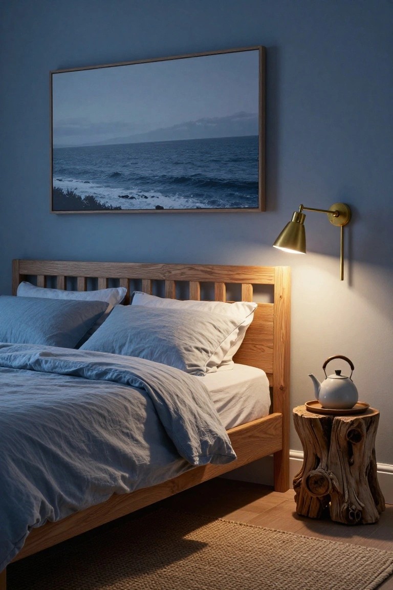 Bedroom featuring deep navy blue walls, oak wood bed frame with white and light blue linens, gold wall lamp, framed seascape photo, and tree stump side table with white teapot.