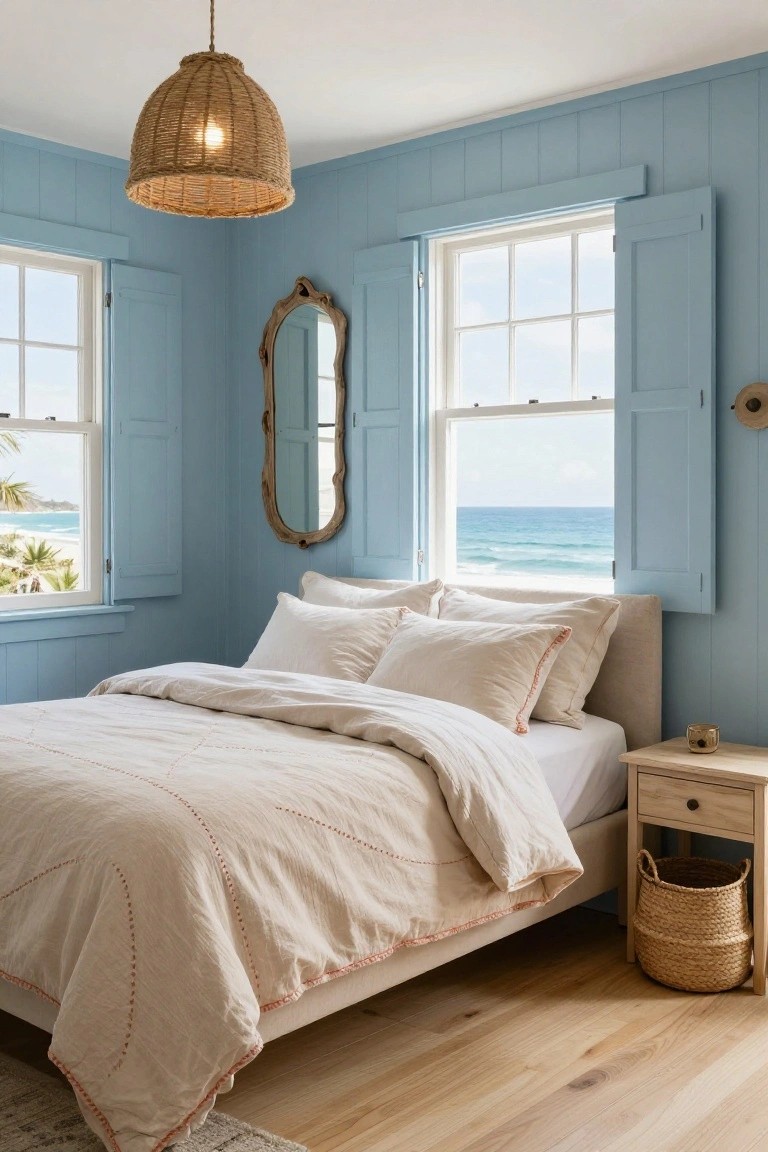 Bedroom with light blue shiplap walls, white upholstered bed with beige quilt and pillows, rattan pendant light, oval mirror, nightstand with basket, and open shutters on windows overlooking ocean and palms.