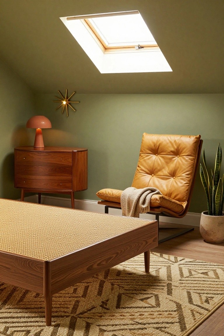 Attic bedroom with sage green walls, curved wooden dresser, tan leather armchair draped with a throw, low wooden bed with rattan panel, snake plant in pot, orange lamp, gold starburst wall decor, and skylight.