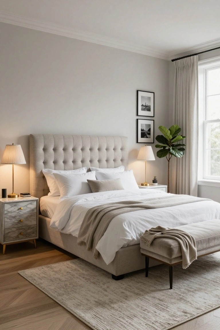 A bedroom with pale gray-beige walls, beige tufted upholstered headboard, white bedding and pillows, marble nightstands with lamps, a fiddle leaf fig plant near beige curtains at a window, light herringbone wood floors, and a beige rug with bench.