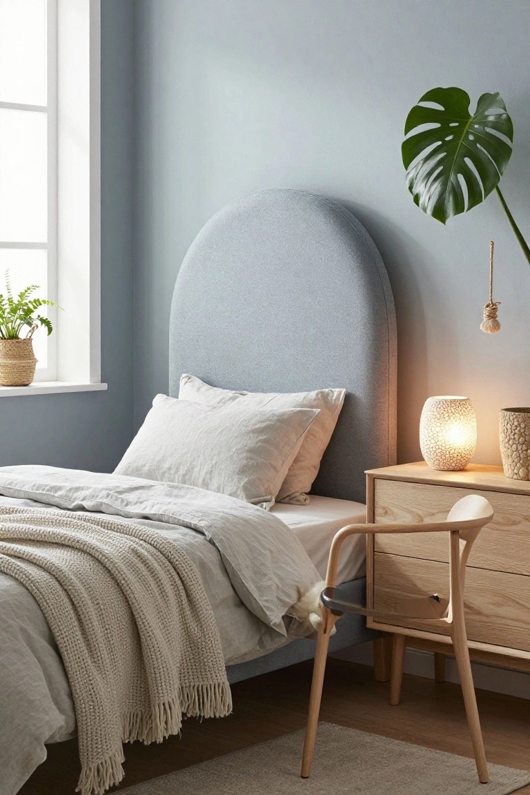 A bedroom with light blue walls, curved light gray upholstered headboard, white linen bedding draped with a beige knit throw, wooden dresser and chair, textured lamp, monstera plant, and window with potted fern.