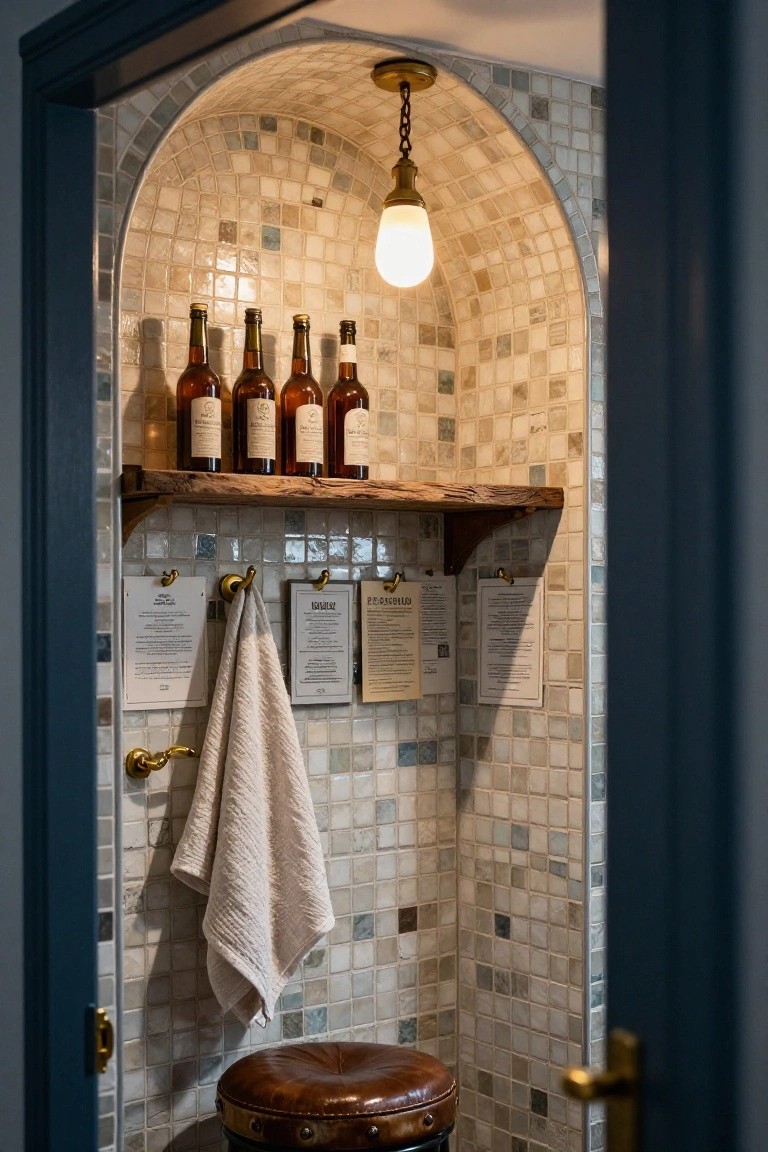 Small arched interior alcove with iridescent beige and blue tiled walls, wooden shelf holding four amber bottles, brass hooks with white towels and papers, leather stool at base, and hanging bulb light, viewed through dark blue door frame.