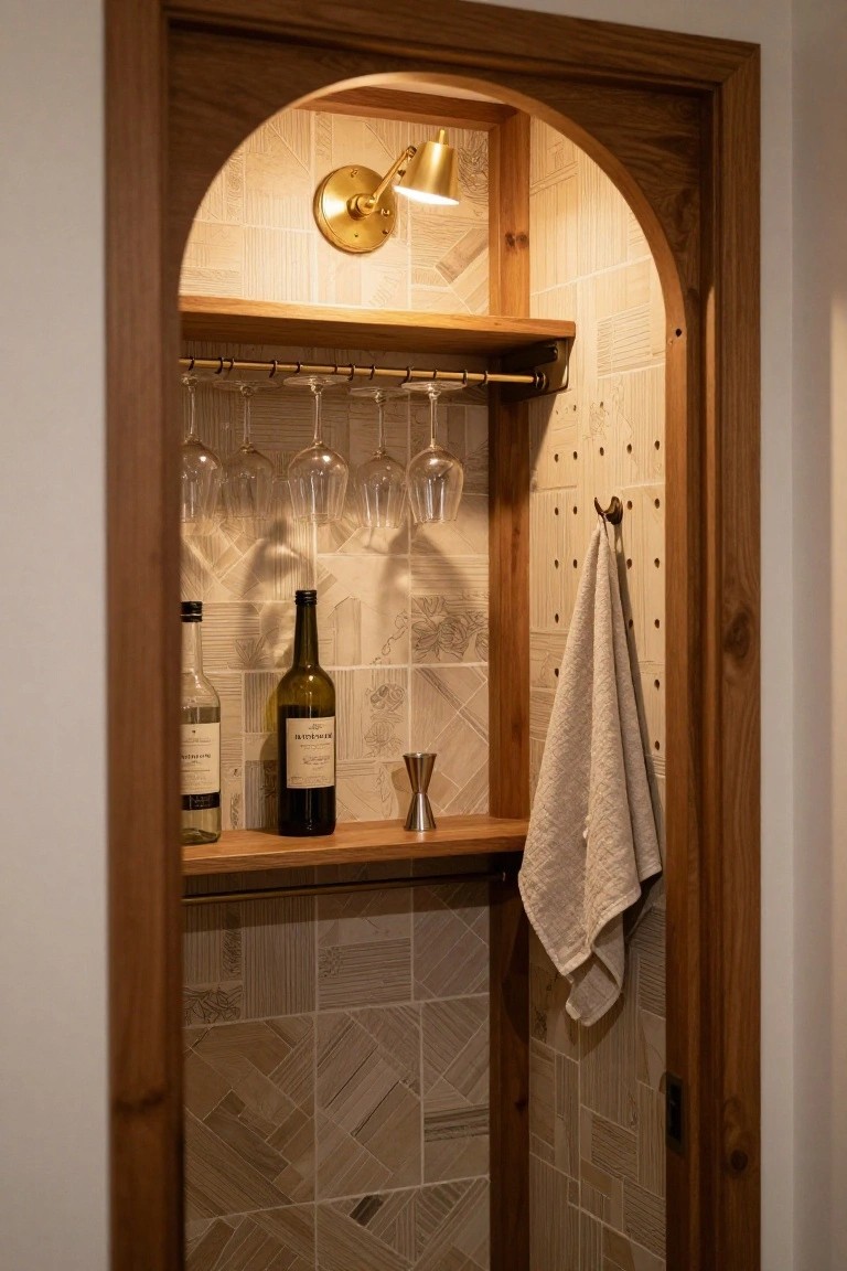 Wooden arched doorway niche with beige patterned tile walls, hanging wine glasses on a brass rack, two bottles of liquor on a shelf, a metal cocktail shaker, and a beige towel on a pegboard side wall lit by a brass sconce.