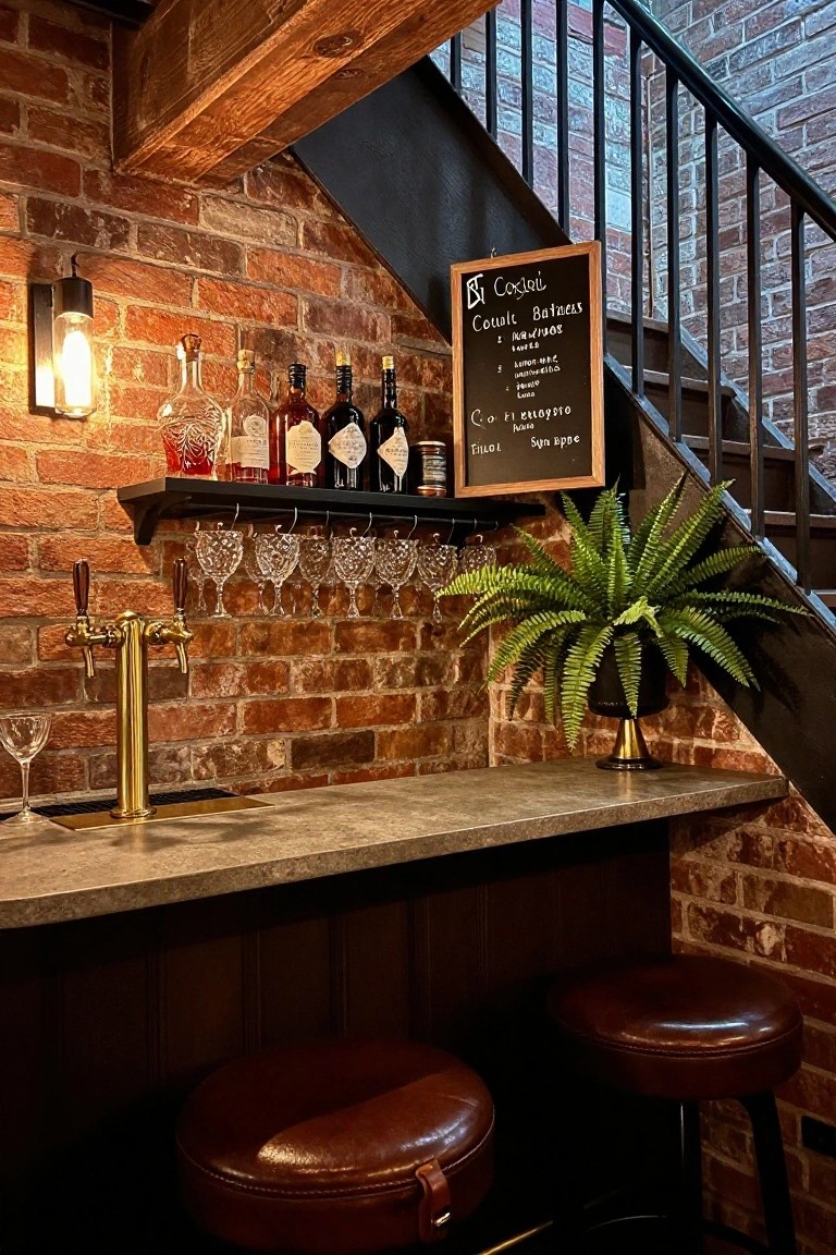 Compact basement home bar with exposed red brick walls, wooden shelves holding liquor bottles, brass draft taps on a counter, hanging glassware, two leather bar stools, potted fern plant, wall lamp, and chalkboard menu beside black metal stairs.