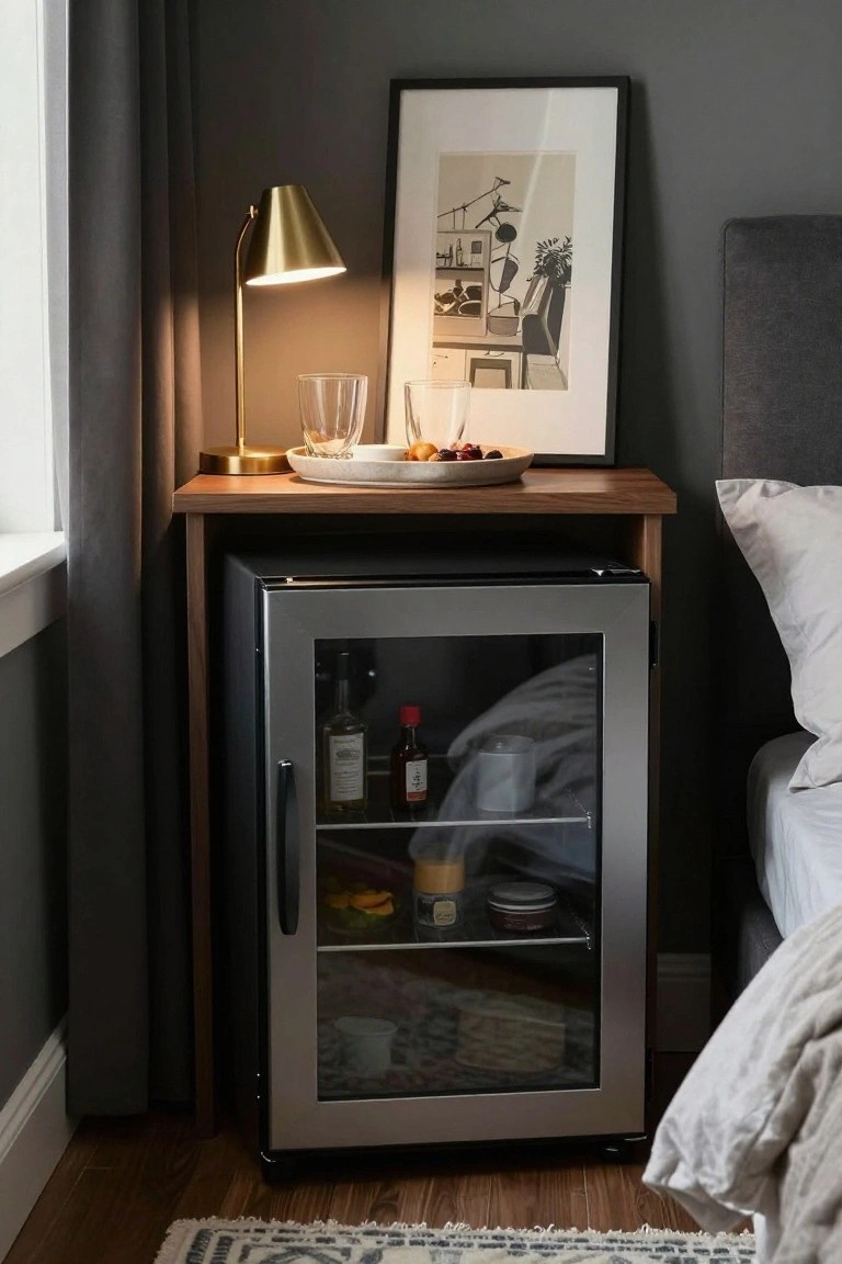 Bedroom corner with wooden nightstand shelf on top of silver glass-door mini fridge containing bottles, jars, and fruit, gold lamp lit, plate of snacks and berries, framed art, and bed with pillows beside gray wall and curtain.