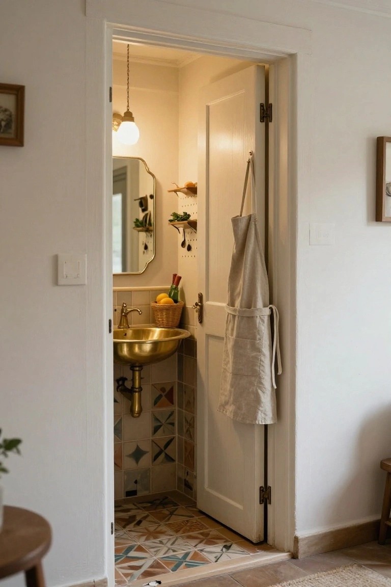 Open white door to a narrow interior space with brass sink on colorful geometric tiled floor, beige apron hanging on door, red wine bottles and lemon basket on shelf nearby.