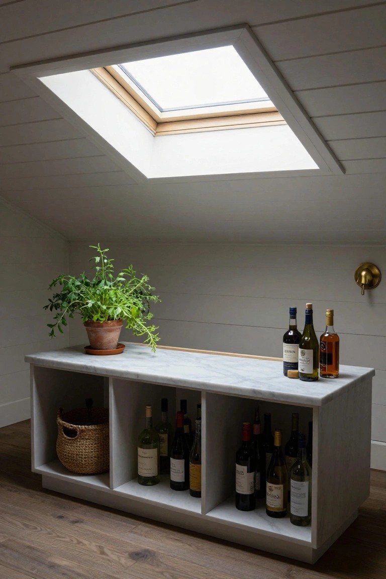 Attic nook with white shiplap walls and ceiling, skylight overhead, gold wall sconce, white built-in cabinet with marble top holding wine bottles on shelves and surface, potted green plant, wicker basket, and hardwood floor.