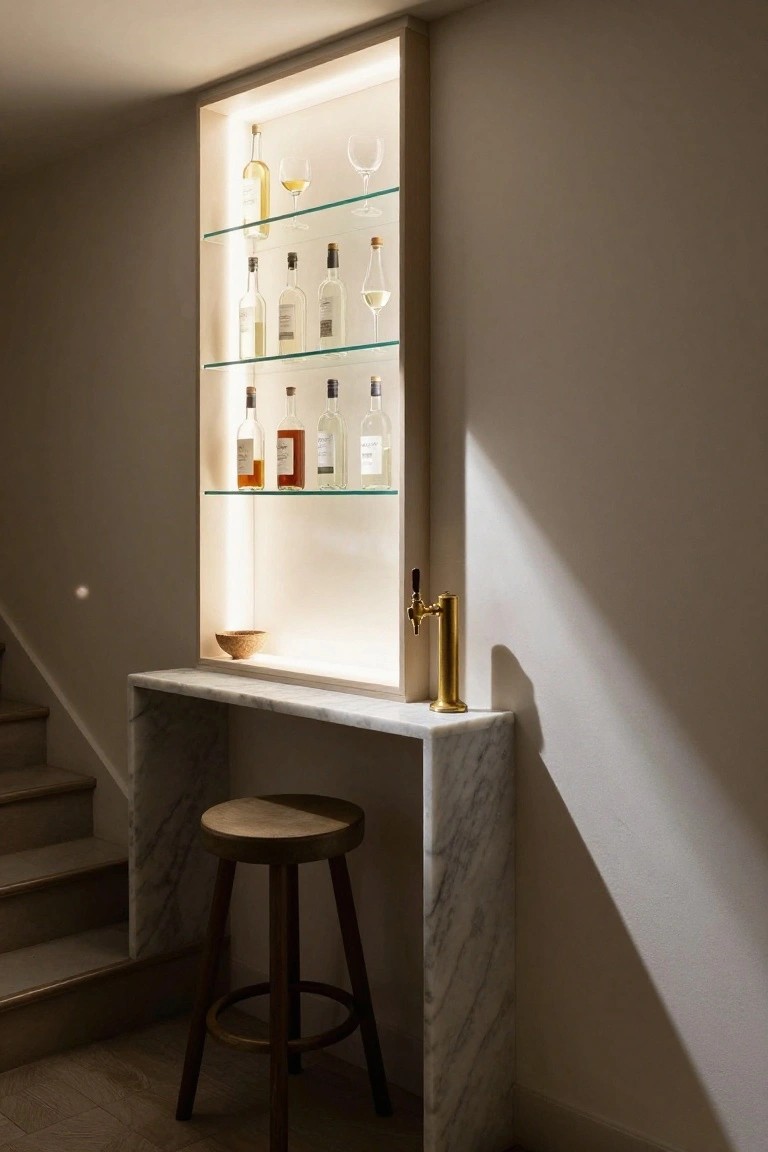 Recessed wall with backlit glass shelves displaying liquor bottles, white marble countertop with gold beer tap and wood stool, positioned next to stairs in a light interior.