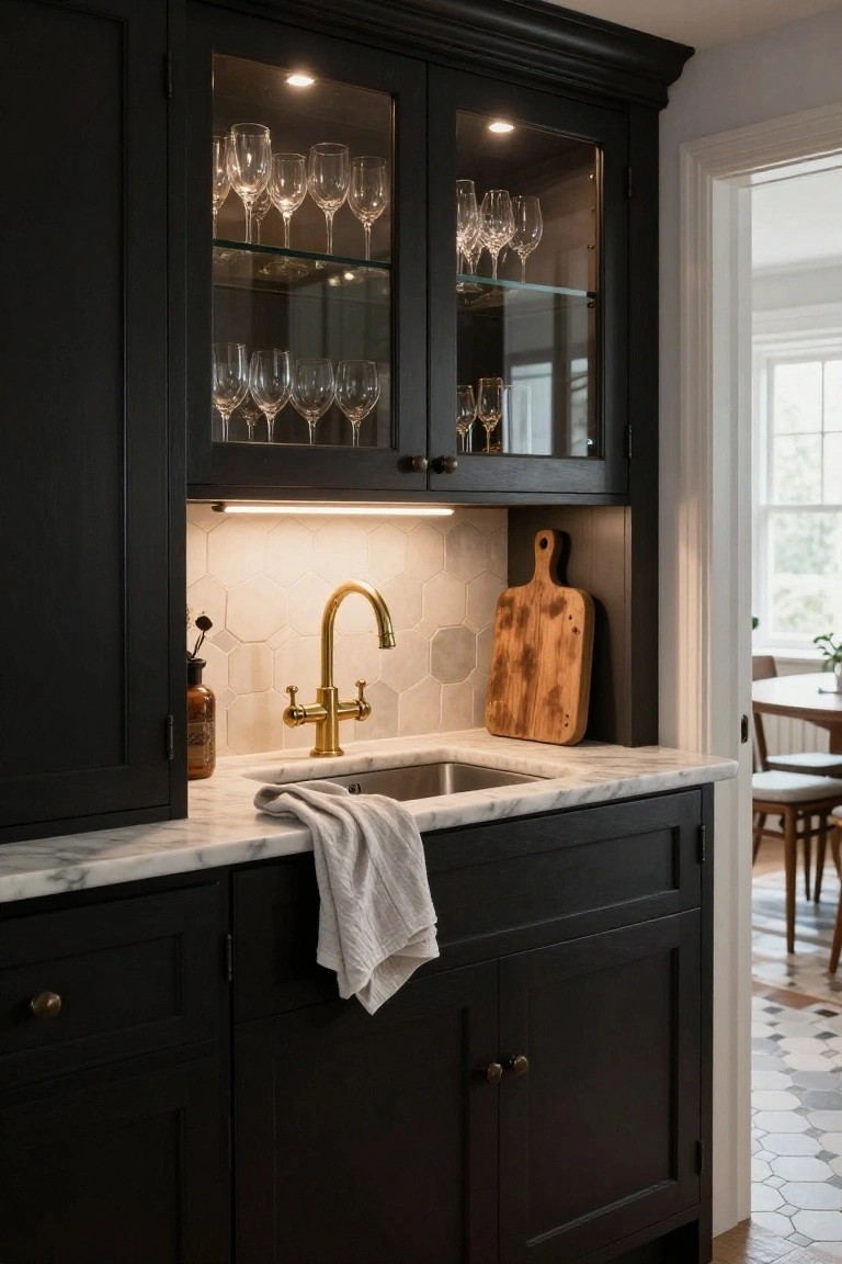 Black wood built-in cabinet with glass-front upper doors displaying rows of wine glasses under LED lighting, marble countertop holding a gold faucet sink, wood cutting board, and dish towel.