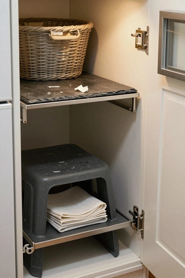 Open white cabinet with wicker basket on upper shelf, black slate tray on metal shelf bracket midway, and gray plastic step stool holding folded white dish towels on bottom pull-out metal shelf.