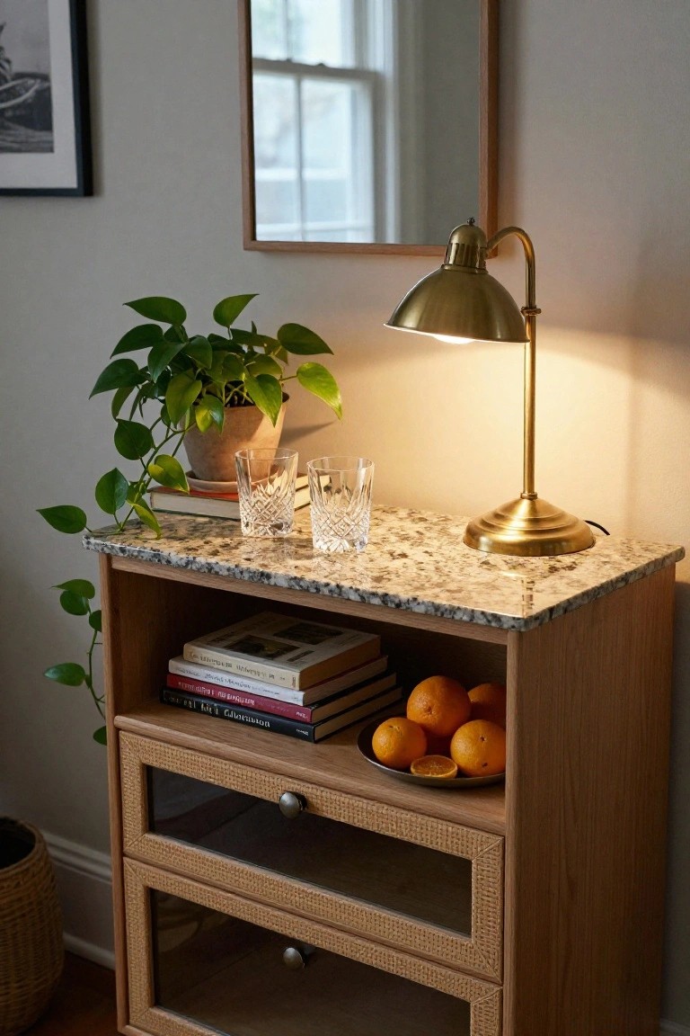Wooden console table with rattan details and granite top in a light-colored room corner, holding two crystal glasses, a dish of oranges, stacked books, a potted trailing plant, and a brass banker's lamp, beside a framed mirror and window.