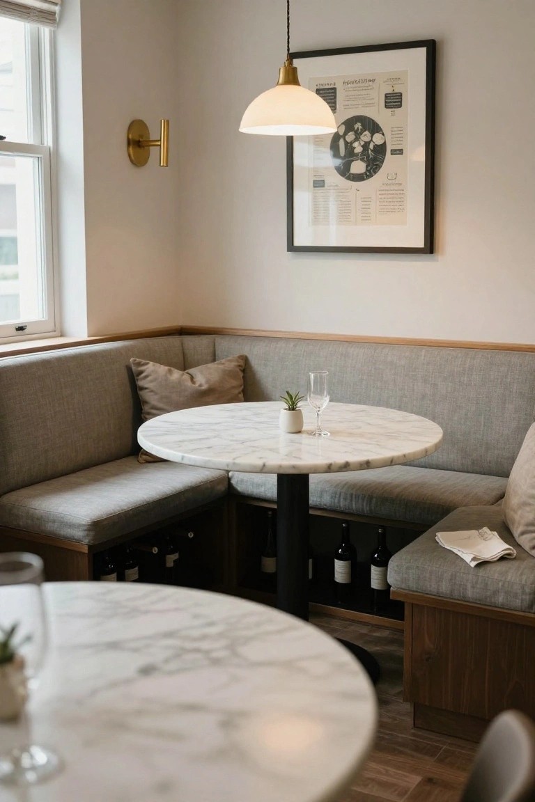 Corner gray upholstered banquette seating around a round white marble table with pedestal base, built-in wooden cabinets below holding wine bottles, in a light interior with wall-hung pendant light and framed art.