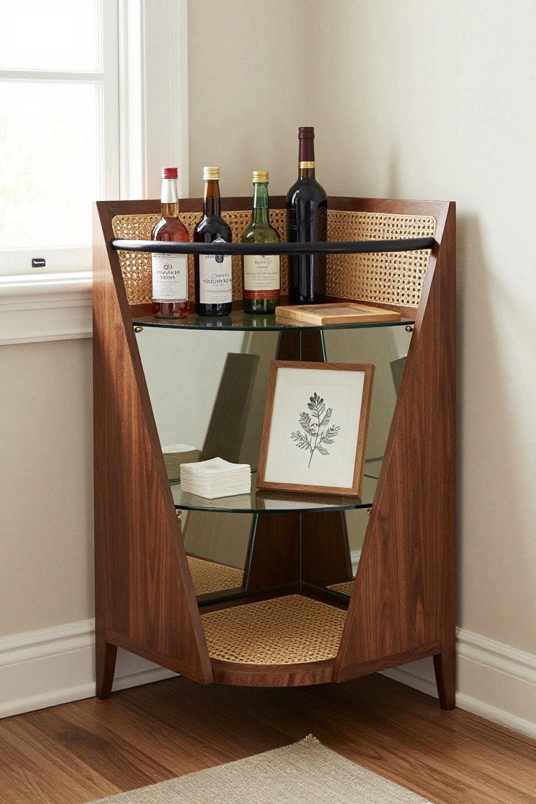 Wooden corner bar cabinet with rattan accents and glass shelves displaying liquor bottles, a framed leaf print, and stacked napkins in a bright room corner.