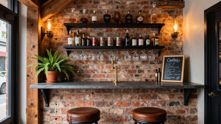 Compact basement home bar with exposed red brick walls, wooden shelves holding liquor bottles, brass draft taps on a counter, hanging glassware, two leather bar stools, potted fern plant, wall lamp, and chalkboard menu beside black metal stairs.