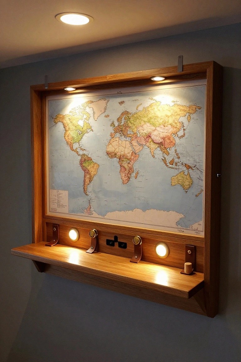 Wooden-framed world map on a wall with integrated LED lights above and below the map, a protruding oak shelf, brass knobs, leather straps, and electrical outlets on the shelf.