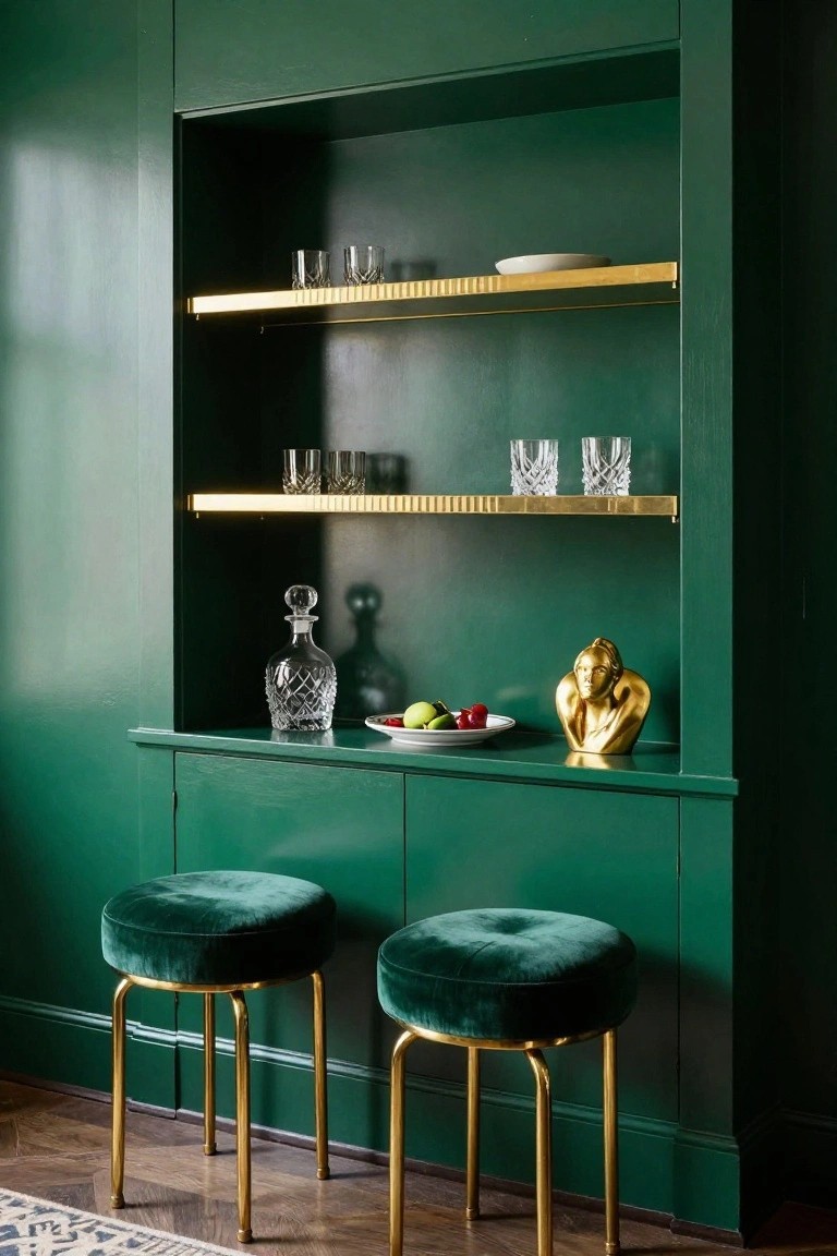 Emerald green built-in wall cabinet with three gold-trimmed shelves displaying crystal glassware, decanter, fruit plate, and gold bust sculpture, plus two matching green velvet stools in front on a parquet floor.