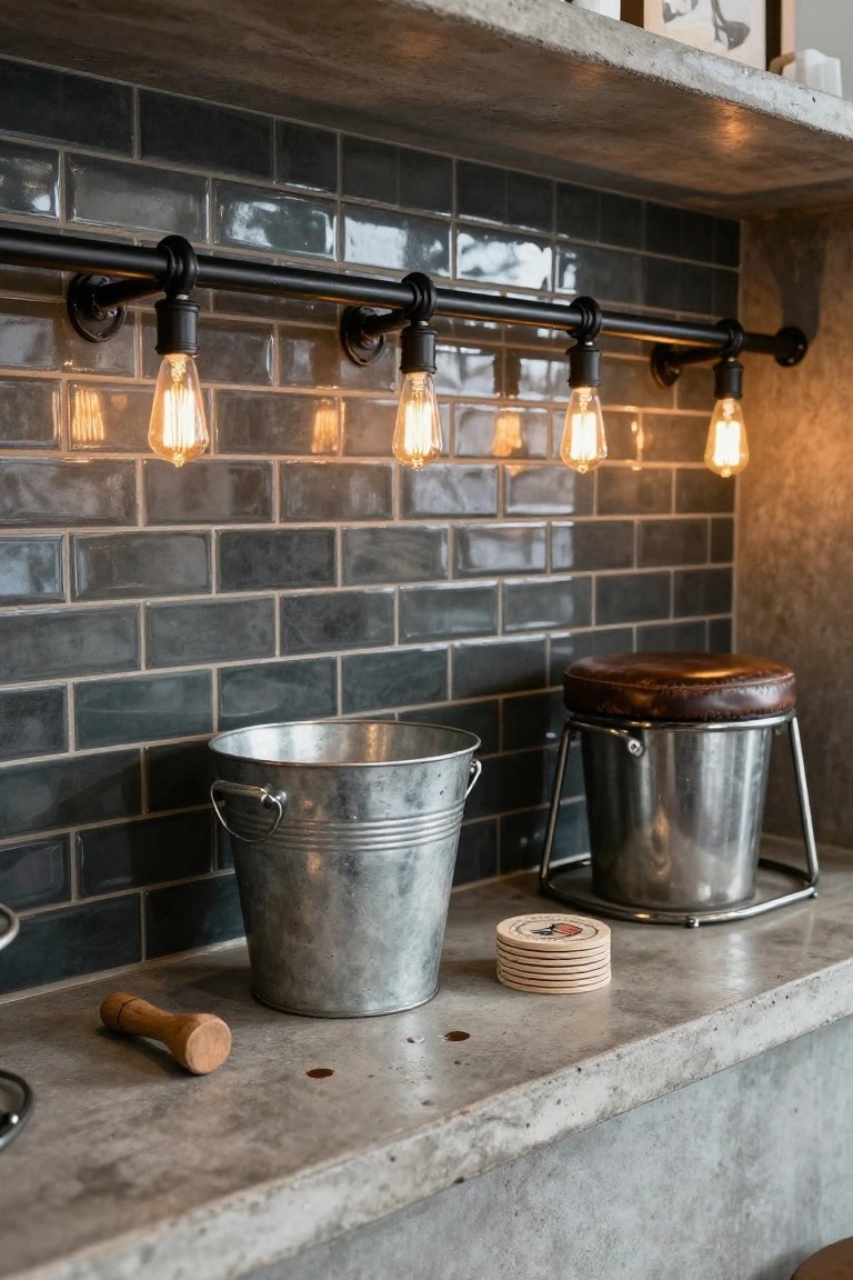 Close view of a small indoor bar area with black pipe-mounted hanging Edison bulbs above a dark subway tile backsplash, concrete countertop holding wooden coasters and a mallet next to two galvanized metal buckets and a metal stool with brown leather seat.