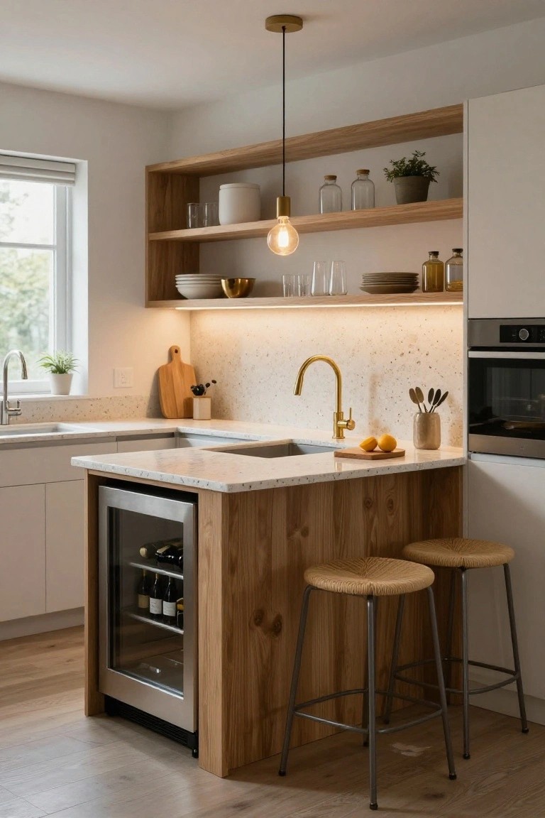 Contemporary kitchen with white cabinets, light wood open shelving stocked with dishes and jars, gold faucet over sink, wooden island base housing glass-door wine fridge, and two rattan-top stools on hardwood floor.