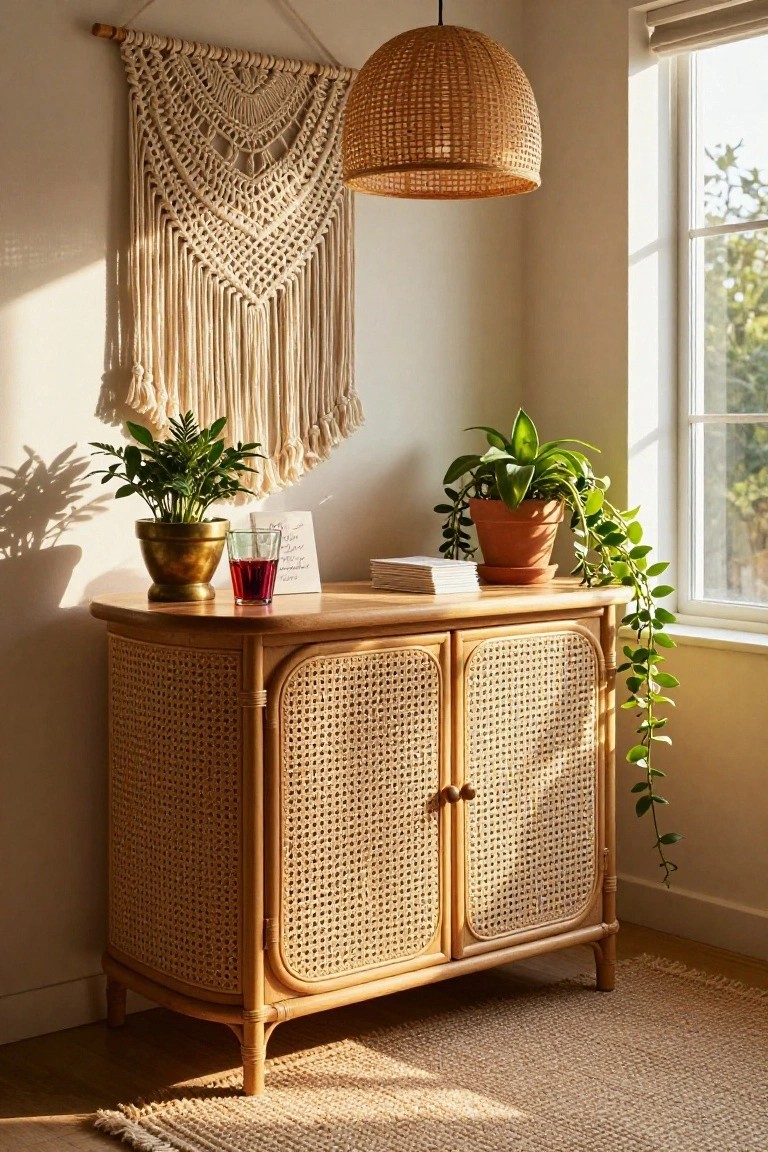 Beige rattan console cabinet with curved doors in a sunlit room corner, topped with brass planter of green plant, glass of purple drink, books, and note card, next to potted plants, under basket pendant lamp and macrame wall hanging by window.