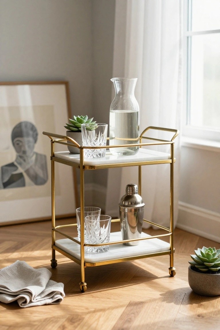 Gold-framed two-tier bar cart with white marble shelves holding crystal glasses, cocktail shaker, water carafe, and succulents in a corner room with window, artwork, and hardwood floor.