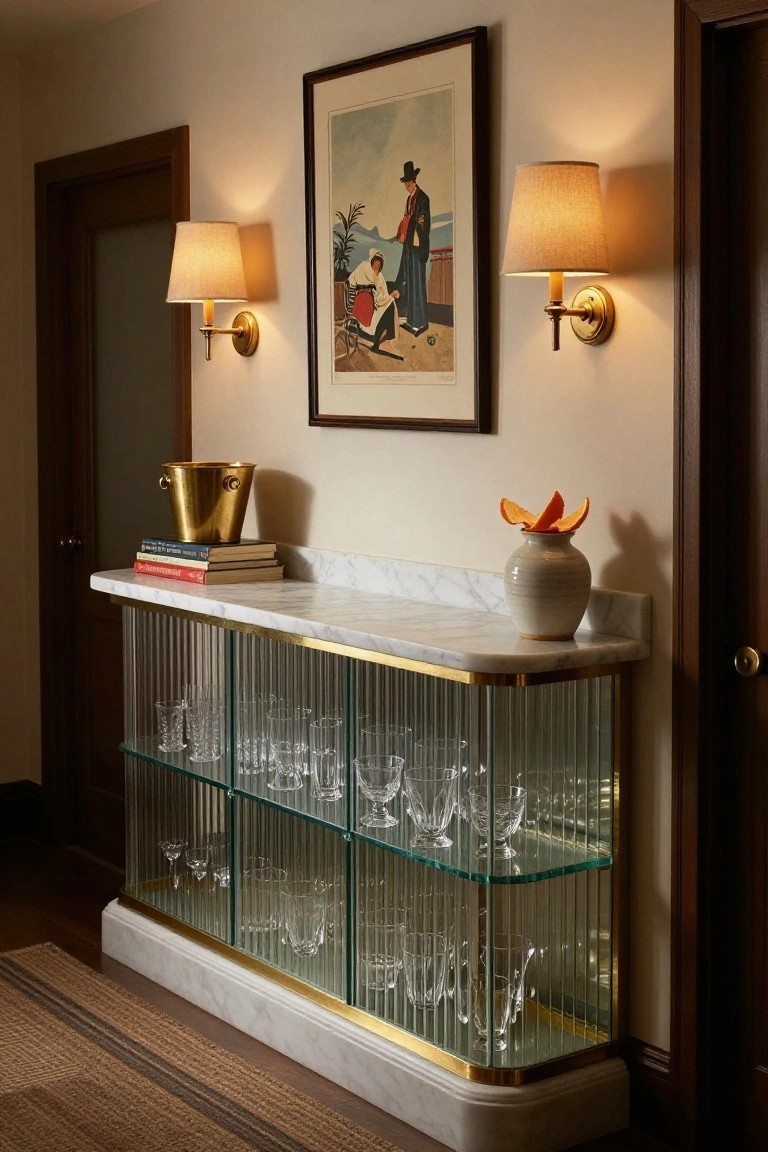 Narrow marble-top bar cabinet with reeded glass doors displaying glassware stands in a wood-paneled hallway flanked by doors, with wall lamps, a painting, books, and an orange in a vase on top.