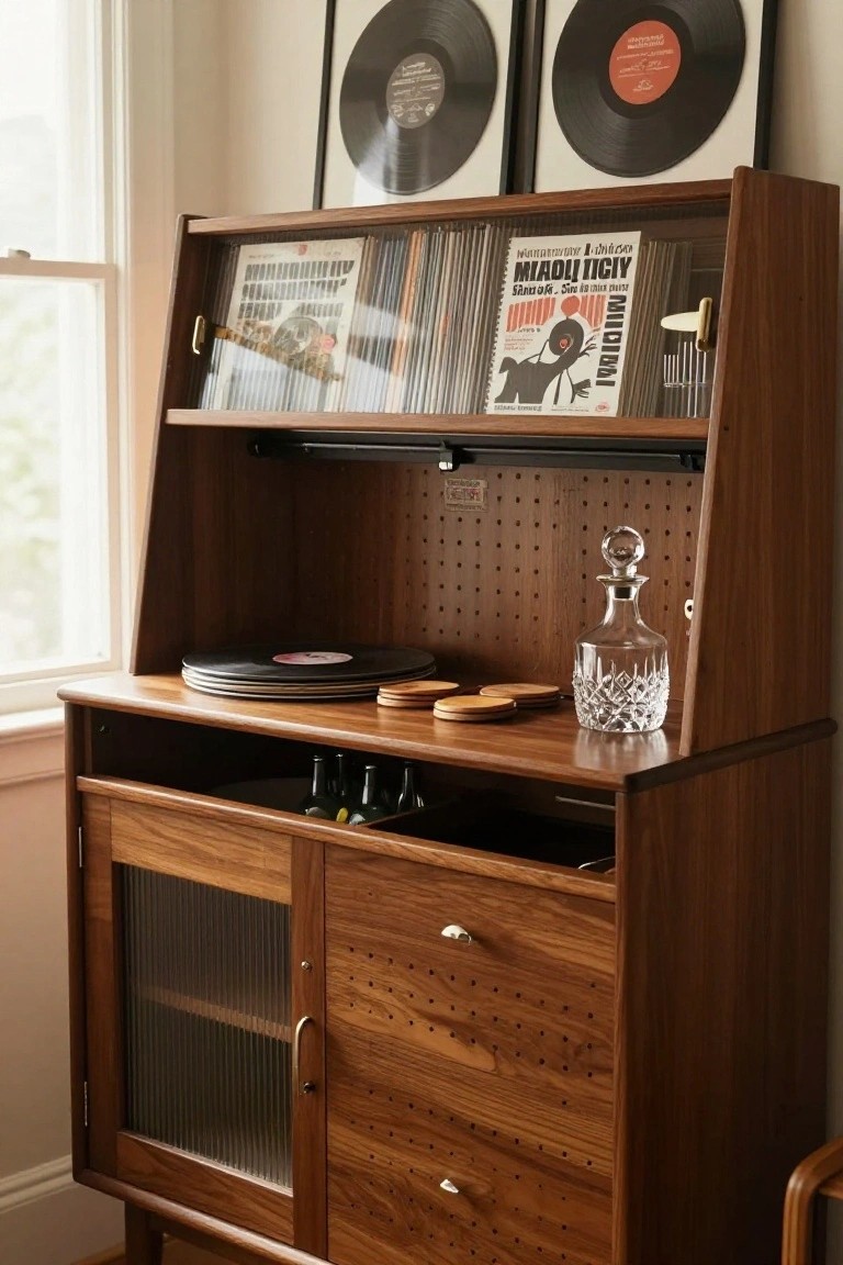 Wooden mid-century credenza with glass doors, open shelves holding vinyl records, bottles inside lower cabinet, decanter and stacked plates on top surface, pegboard back panel, next to window in light-filled room.