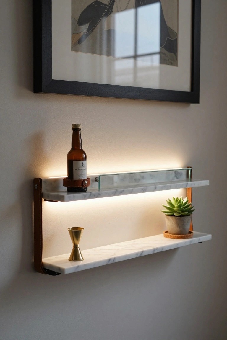 Two-tier wall-mounted white marble shelf with brown leather brackets and warm white LED underlighting, holding a small brown glass bottle in a leather strap holder on the lower shelf, a gold jigger and potted succulent on the upper shelf, against a light beige wall below a black-framed artwork.