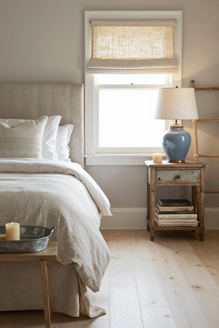 Bedroom corner with unmade bed covered in white linen, beige upholstered headboard, bamboo window shade, wooden nightstand holding blue vase candle and books, ladder shelf nearby, and bench with galvanized tray containing two candles on light wood floors.